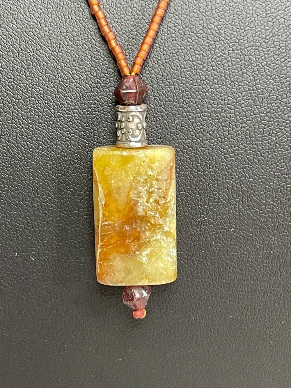 Handmade Amber-Tone Stone Pendant Necklace - Brown Beaded Cord